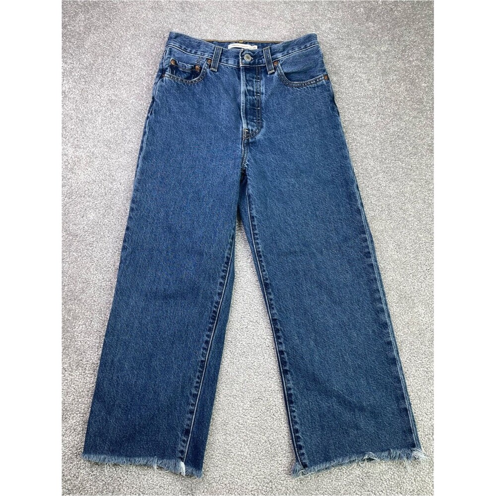 Levi's RibCage Jeans Women’s 25 Blue Straight High Rise Dark Wash Button Fly